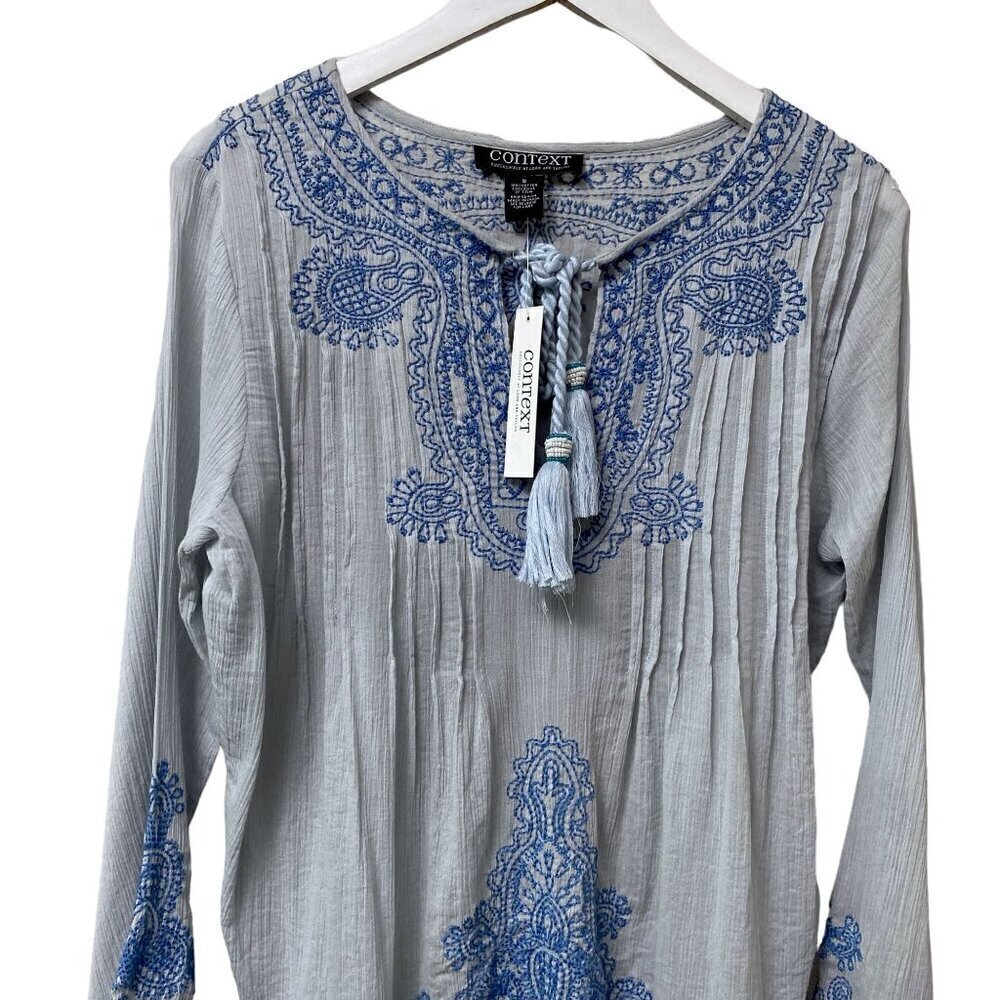 CONTEXT Boho Top Size Small Blue Embroidered Cotton Crinkle Gauze - Picture 2 of 11